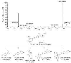 Deacetyl-ketoconazole-KCN의 MS/MS spectrum 및 product ions