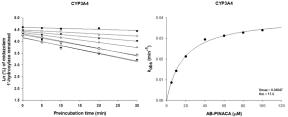 사람 간 마이크로좀에서 AB-PINACA의 CYP3A4 효소 활성에 대한 시간적 억제 kinetics