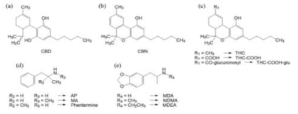 대마성분 3종, THC의 대사체 2종 및 암페타민류 6종의 구조