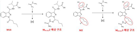 AB-PINACA의 semicarbazide 반응성 대사체인 MPI-SCZ2와 MPI-SCZ3의 예상 구조