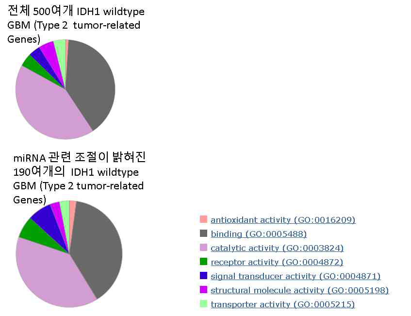 500여개 IDH1 wildtype GBM의 Type 2 tumor-related genes, IDH1 wildtype GBM의 Type 2 tumor-related gene 190여개의 GO term annotation (DB: panther GO term analysis)