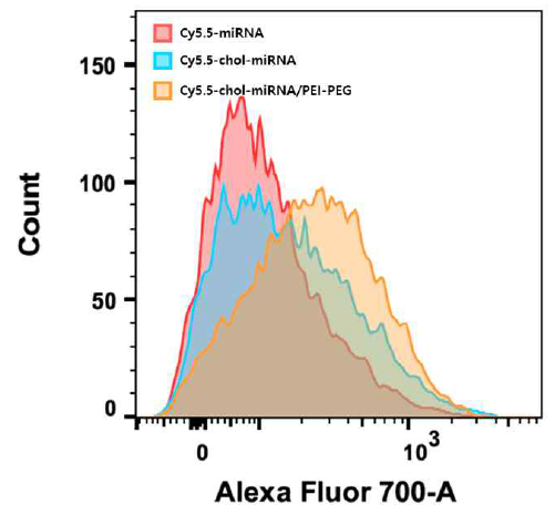 세포 수준에서 PEI-PEG 나노복합체의 miRNA전달 능력 확인을 위한 유세포 분석 그래프