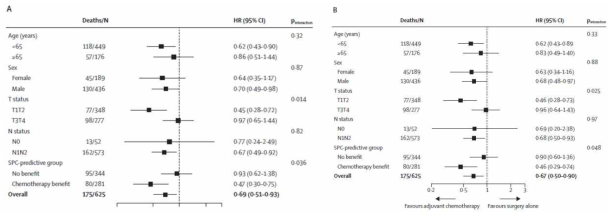 A. Univariate 분석, B. Multivariate 분석. P interaction이 0.05이하인 변수는 T status와 SPC predictive group이나 나머지 모든 변수에서는 상호 차이가 없는 것으로 확인됨