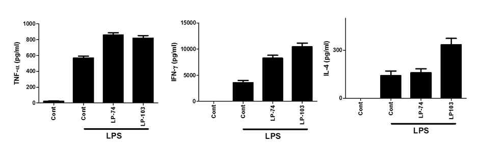 비장세포를 LPS로 자극한 후 분비된 사이토카인의 양을 측정한 결과