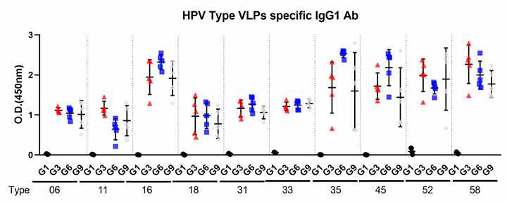 2차 면역 후 혈청 내 HPV 10가 타입별 specfic 항체(IgG1)가 ELISA VLP 2 결과