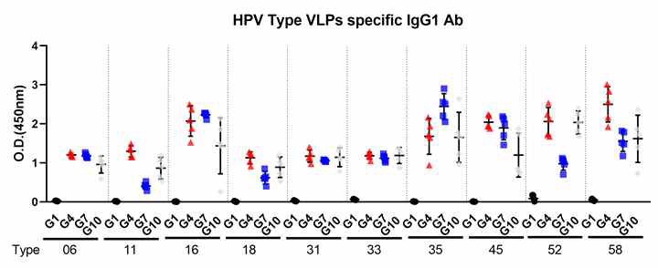 2차 면역 후 혈청 내 HPV 10가 타입별 specfic 항체(IgG1)가 ELISA VLP 3결과