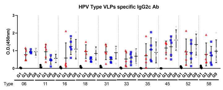 2차 면역 후 혈청 내 HPV 10가 타입별 specfic 항체(IgG2c)가 ELISA VLP 2결과