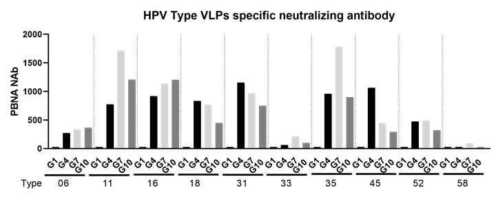 pseudotype virus를 이용한 타입별 specific 중화항체가 VLP3 결과 (1차면역후 혈청)
