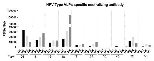 pseudotype virus를 이용한 타입별 specific 중화항체가 VLP1 결과 (2차면역후 혈청)
