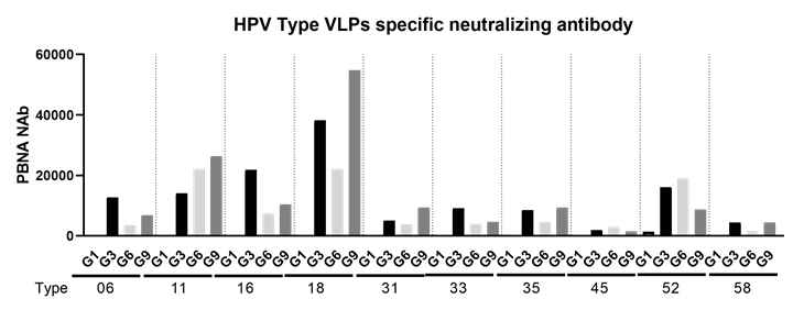 pseudotype virus를 이용한 타입별 specific 중화항체가 VLP2 결과 (2차면역후 혈청)