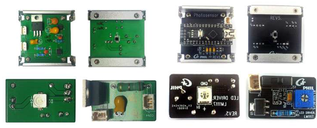 제작 된 양면 PCB 실제모습, 좌: 개선 전, 후: 개선 후