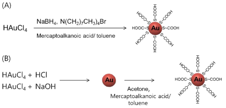 카르복실기를 가지는 금 나노입자의 합성: (A) Brust- Schiffrin법, (B) Martin법