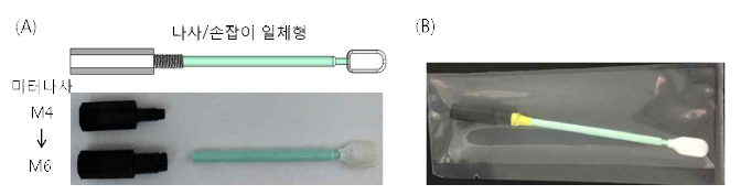 견고성이 강화된 swab 기반의 콧물 수집봉 (A) 나사와 손잡이 일체형 콧물 수집봉 (B) 사용자에게 제공되는 낱개 비닐 포장된 콧물 수집봉 사진