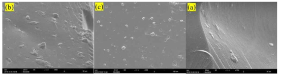 SEM images of (a) neat resin; (b) UV cured resin with 5 wt% pristine CNC; (c) UV cured resin with 5 wt% MPTMS modified CNC