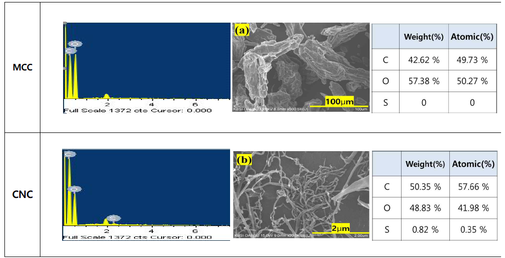 EDX spectra and FE-SEM images of; MCC and CNC