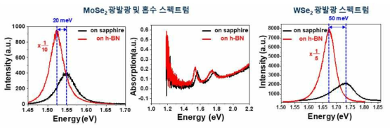 전이금속 칼코겐 화합물과 육방 정계 질화붕소 헤테로구조체의 광발광 및 흡수 스펙트럼