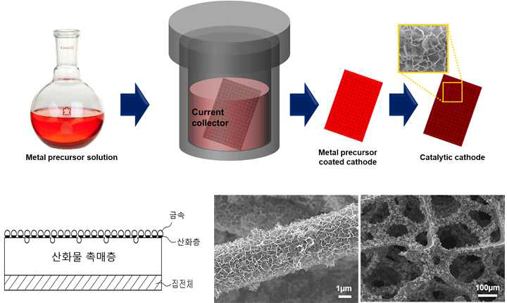 수열합성법을 이용한 3차원 공기 전극의 모식도 및 SEM 이미지