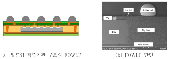 빌드업 적층기판 구조의 FOWLP 구조와 단면