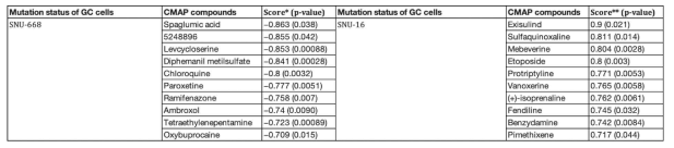 Differential compound response for TP53 mutant GC cells according to NRXN1 mutation status. *This score is the enrichment score and its p-value reported by CMAP 2.0. The negative scores indicate that the compounds could reverse the gene expression profiles of the GC cells with NRXN1MUT & TP53MUT. **This score is the enrichment score and its p-value reported by CMAP 2.0. The positive scores indicate that the compounds could reverse the gene expression profiles of the GC cells with NRXN1WT & TP53MUT