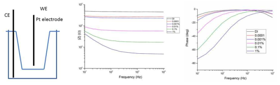 직경 0.4 μm 구멍의 PET membrane 상하로 백금 전극 위치 (좌) 후 전해질 이온별 임피던스 측정 결과