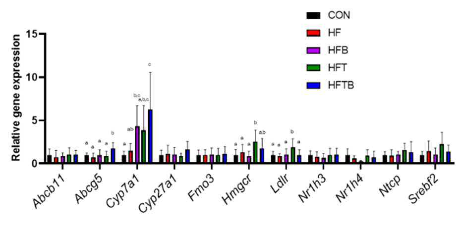 Hepatic mRNA expression of genes responsible for cholesterol and bile acid metabolism in the female SD rats. Relative gene expression was normalized to Gapdh. Bar represents mean ± standard deviation, Bars with different letters within the same genes are significantly different (p<0.05 by one-way ANOVA and Duncan's multiple range test)