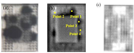 반도체 패키징 시편의 (a) SAT Image 및 THz 파의 (b) Reflection / (c) transmission mode를 이용한 THz Image