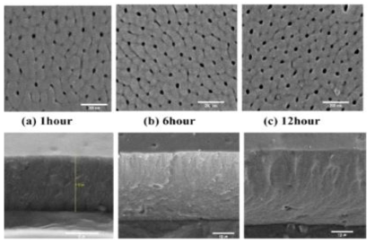 FE-SEM of surface morphology and thickness of the aluminum oxide prepared by modulating anodization time under applied voltage at 60V