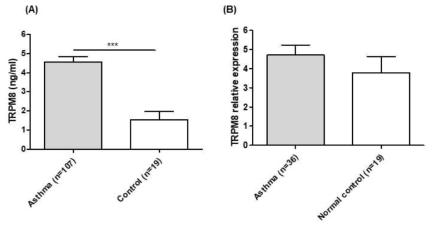 TRPM8 protein (A) and mRNA (B) expression levels are increased in the induced sputum of patients with asthma compared to that of normal controls. TRPM8 protein and mRNA expression were determined by ELISA and quantitative real-time polymerase chain reaction, respectively. Data represent means ± SEMs in each group. Mann-Whitey U test, ***p<.001