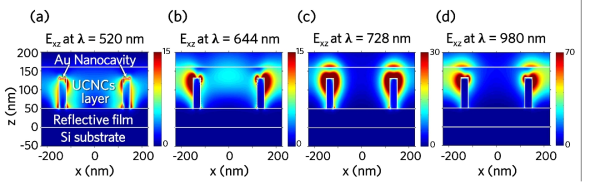 t = 30 nm인 pNCA 구조체의 흡수도 피크 파장에 대한 xz 평면에서 전기장 분포도 (a) λ = 520 nm, (b) λ = 644 nm, (c) λ = 728 nm, (d) λ = 980 nm