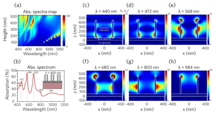 (a) h = 50 – 500 nm 로 변경시킬 때 플라즈몬 나노박스 어레이의 흡수도 스펙트럼 컬러맵, (b) h = 400 nm 일 때 플라즈몬 나노박스 어레이의 흡스도 스펙트럼, (c) - (h) 흡수도 스펙트럼 피크 파장에서 xz 평면의 전기장 분포