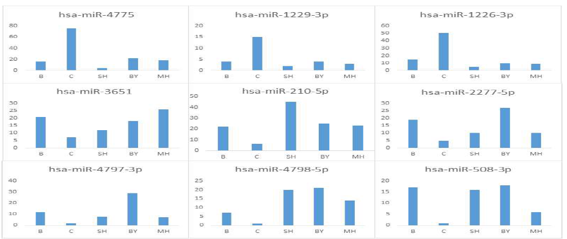 주요 miRNA의 군별 발현량
