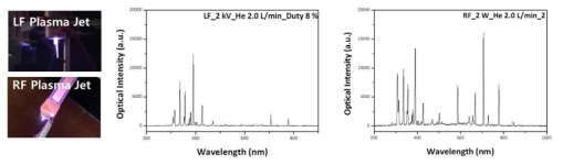 저주파 플라즈마 발생장치와 고주파 플라즈마 발생장치의 OES 측정 결과 비교