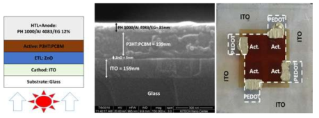 개발된 유기태양광전지 구조 및 제작된 유기태양광전지 사진