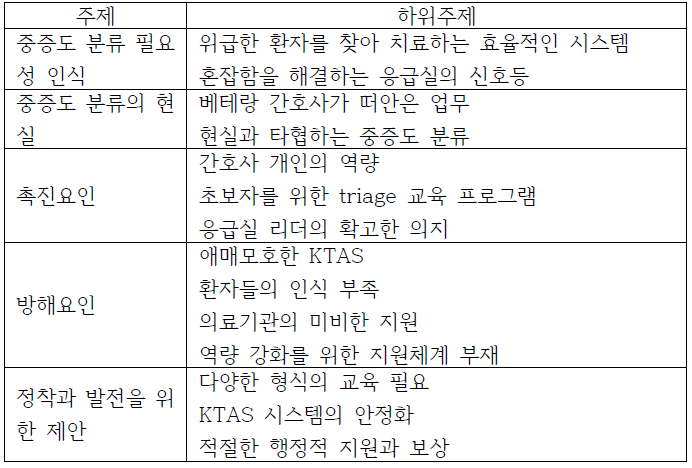 중증도 분류 경험과 인식에서 도출된 주제