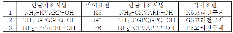 디자인된 3종의 주름개선 펩타이드의 시퀀스