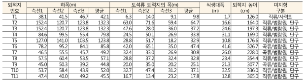 본류에 형성된 토석류 퇴적지(교란구역)의 평면 및 횡단측량 결과와 미지형 구분