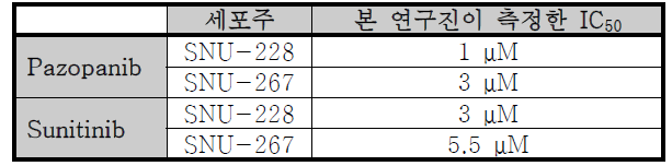 2종 세포에서 2종 항암제 처리 후 측정된 IC50