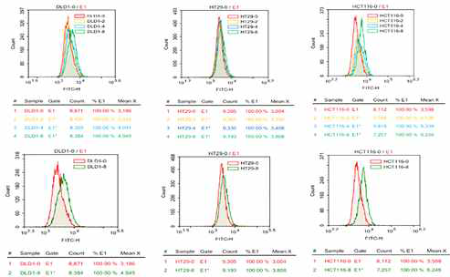 PD-L1 expression using fluorescence-activated cell sorting analysis after stimulation with irradiation colorectal cancer cell lines. Cells were exposed to graded doses of radiation 0, 2, 4, and 8 Gy for 24 h and PD-L1 expression was increased all three cell lines