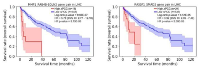 간암 관련 유전자 쌍 중에서 MMP1_RAB4B-EGLN2, RASSF1_SMAD2의 생존 분석 결과