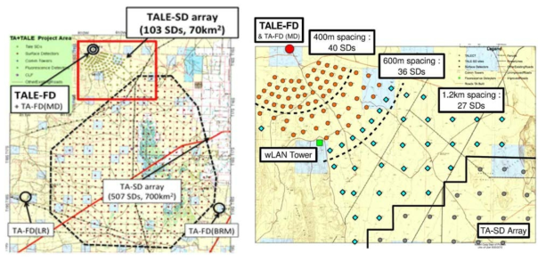 Utah 사막, TA 옆에 구축 중인 TALE의 지상 입자 검출기와 형광복사 관측소 배치도