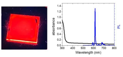 Eu complex 입자가 분산된 PVP 필름의 UV에서의 발광 모습(左)과 흡수, 발광 스펙트럼(下)