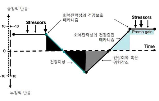 스트레스에 대한 회복탄력성의 세가지 측면 (건강 회복, 건강증진, 및 위험감소)에 대한 도식도 (Davydov, et al. 2010에서 변형함)