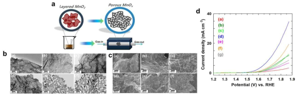 (a) 다공성 2D 금속 산화물 나노시트 합성 방법 개략도, (b) TEM, (c) FE-SEM 이미지, 및 (d) LSV 커브; a, MnO2 나노시트 전구체 및 그의 열처리 유도체인 b, AIR300, c, AIR400, d, AIR500, e, AIR600, f, AIR700, g, Mn2O3