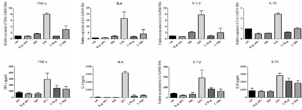 마우스에서 사이토카인의 분비 및 발현 검증 (BL6/J) Cytokine level in serum and spleen, Expression level in spleen after hepcidin treatment Hepcidin/I6D treated (100ug/mouse), after 2hr later LPS treated (1mg/kg mouse) , after 4hr later Sacrifice