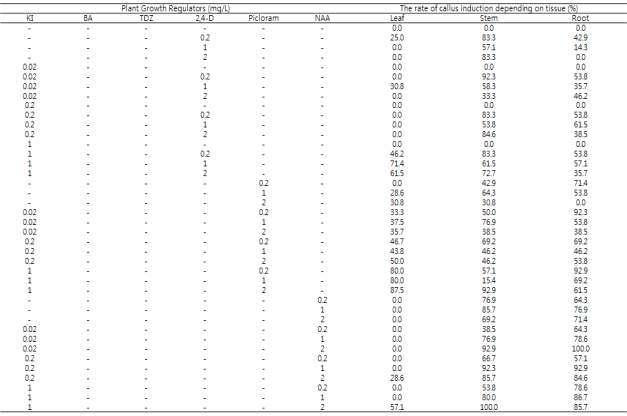 Kinetin + 2,4-D, picloram, NAA 조합 배지에서의 각 조직별 캘러스 유도율 조사표