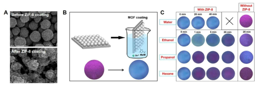 A. ZIF-8 층 성장 전후의 SEM 이미지, B. Vapor에서 유기 화합물 분자 감지를 위한 MOF-포토닉 후각 센서 제조 공정, C. 극성/무극성 유기용매에 대한 색 변화
