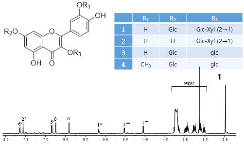 참빗살나무 지상부 n-BuOH 분획의 주요성분인 flavonoid glycosides 4종의 구조와 그 중 대표성분의 1H NMR spectrum