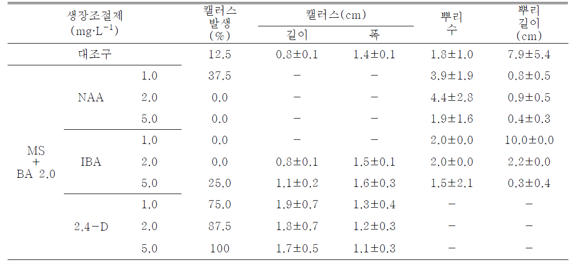 기내경정배양시 생장조절제 종류 및 농도처리가 제주상사화의 생장에 미치는 영향