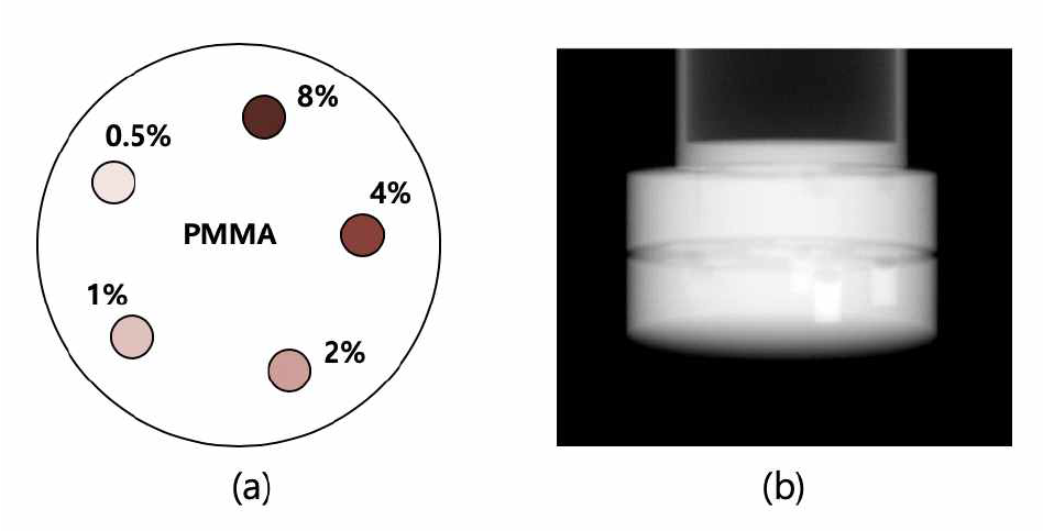 (a) 개발된 BCT 시스템 성능 평가를 위한 균일 팬텀 및 (b) 촬영된 Projection 영상의 예시