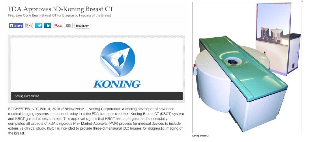 2015년 2월 FDA 승인을 최초로 받은 Breast CT와 당회사인 Koning CT